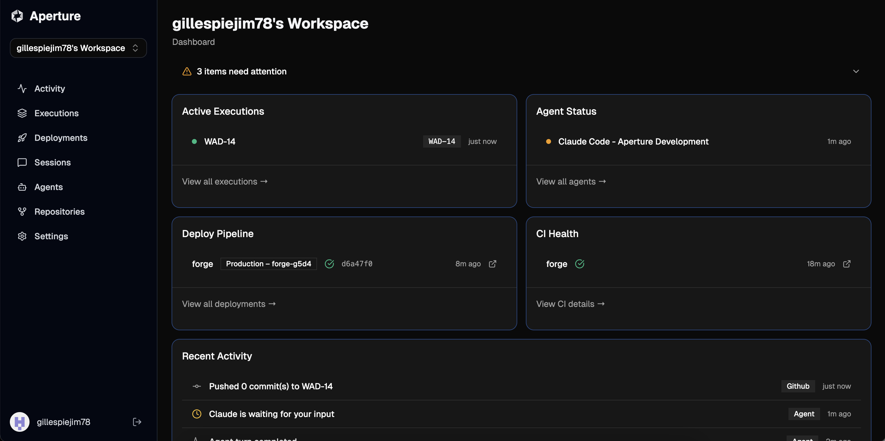 Aperture dashboard showing realtime engineering activity